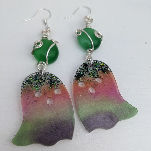 Hand Crafted Jewelry - Ghost Earrings Resin Cat's Eye Silver Wire Wrapped Handmade Bubble y2k